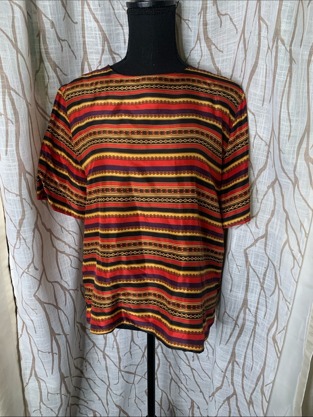 Lord & Taylor 100 Silk Striped Multicolor Short Sleeve Women's Top - Red/Gold